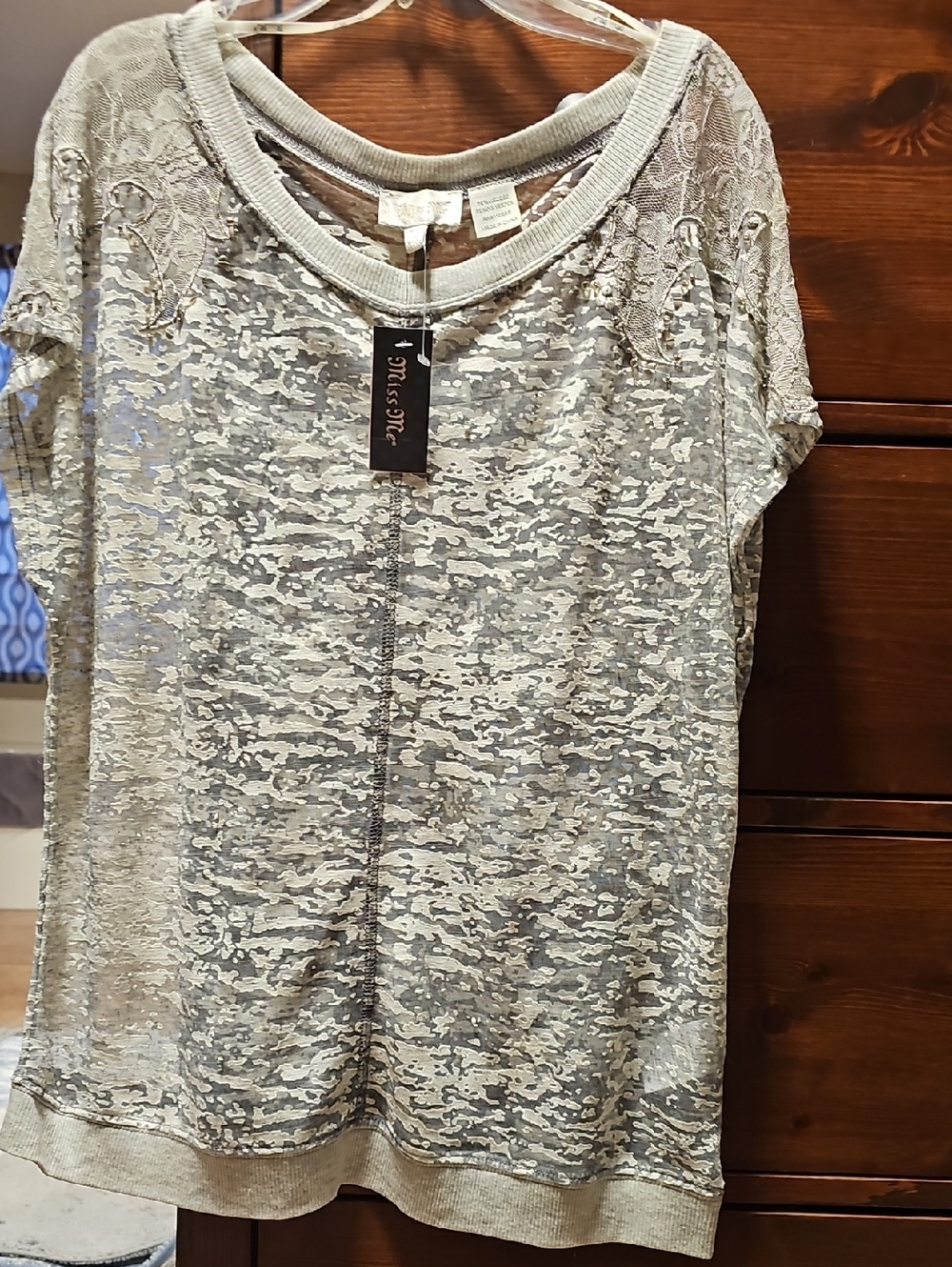 Miss Me Light Gray Lace Burnout Short Sleeve Tee
